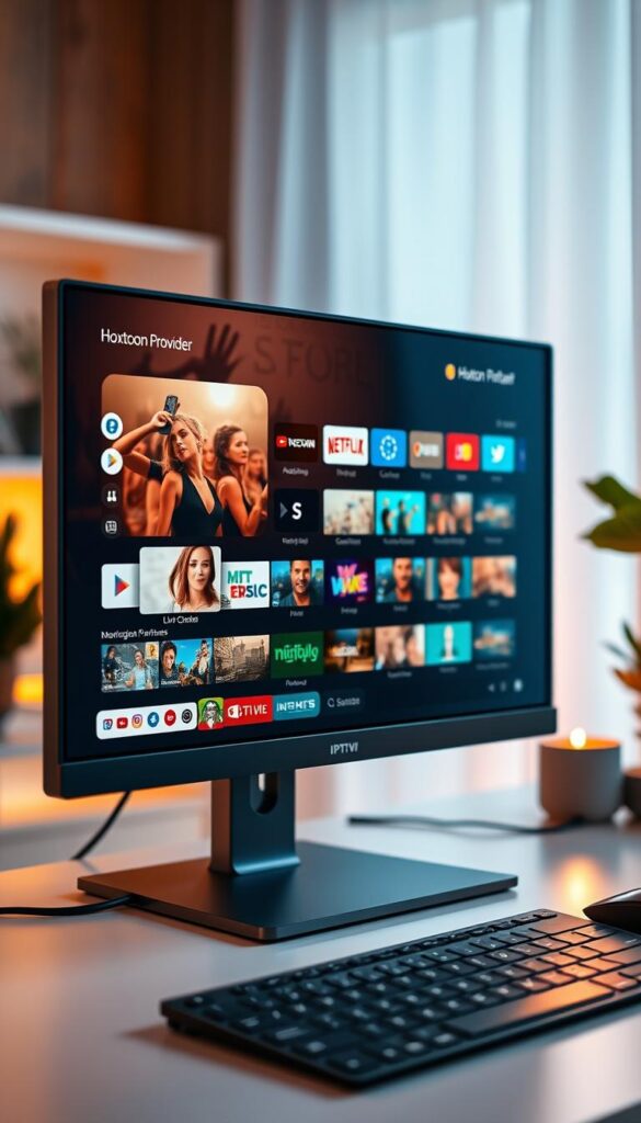 A sleek, modern PC screen displaying the Hoxtoon Provider IPTV interface, showcasing a wide selection of live TV channels, on-demand content, and user-friendly navigation. The scene is bathed in a warm, ambient lighting, creating a cozy and inviting atmosphere. The PC is placed on a clean, minimalist desk, with a keyboard and mouse visible, hinting at the seamless integration of IPTV into the user's digital ecosystem. The background is blurred, drawing the viewer's attention to the engaging IPTV experience on the screen. The overall composition conveys the convenience and versatility of using IPTV on a personal computer.