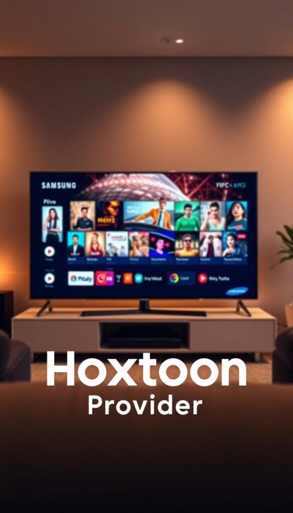 A sleek, modern Samsung Smart TV displays a vibrant IPTV interface. In the foreground, the Hoxtoon Provider logo prominently showcases the service, conveying its integration with the TV. The middle ground features a variety of entertainment content like movies, TV shows, and live channels, highlighting the breadth of IPTV offerings. The background subtly depicts a stylish living room setting, creating a cozy and immersive viewing experience. Soft, warm lighting illuminates the scene, adding a premium, high-end ambiance. The overall composition emphasizes the seamless blending of IPTV technology with the Samsung TV, delivering a visually striking and user-friendly smart home entertainment solution.