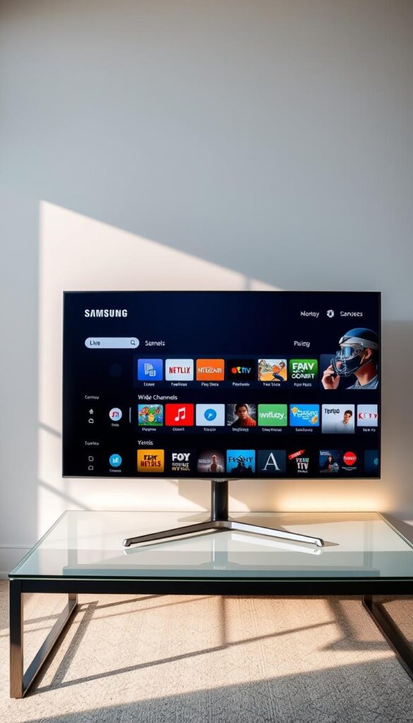 A sleek, modern Samsung Smart TV screen showcasing the Hoxtoon Provider IPTV app interface. The TV is situated on a minimalist, glass-topped table, with soft, diffused lighting illuminating the scene. The app's user-friendly layout and intuitive navigation are prominently displayed, highlighting the wide range of live TV channels, on-demand content, and customization options available to Samsung TV users. The overall atmosphere conveys a sense of technological sophistication and seamless integration between the device and the IPTV service.