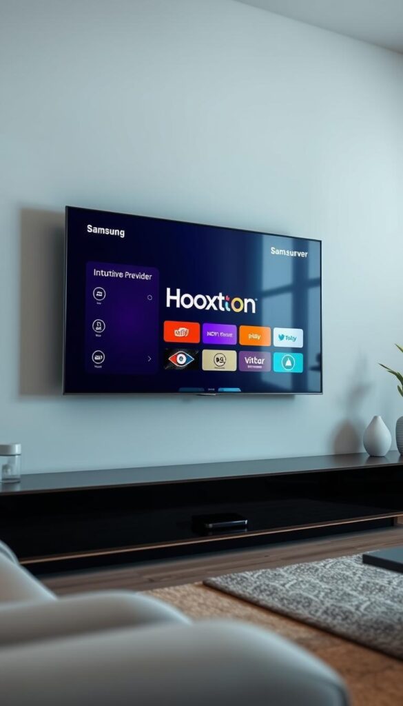 A sleek, modern Samsung TV displaying the intuitive Hoxtoon Provider IPTV app interface. The TV screen is showcased in a well-lit, minimalist setting, highlighting the app's compatibility and seamless integration. The Hoxtoon Provider logo is prominently displayed, emphasizing the app's branding. The overall scene conveys a sense of technological sophistication and user-friendly design, reflecting the premium features of the IPTV solution for Samsung TVs.