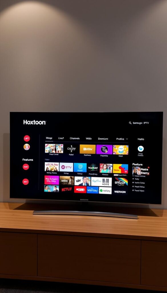 A sleek, modern Samsung TV screen displaying the Hoxtoon Provider IPTV app's minimalistic user interface. The app's bold logo and vibrant color scheme stand out against the TV's dark background. The screen showcases a wide selection of live TV channels, on-demand content, and premium features. Soft, directional lighting from the top left creates depth and highlights the app's intuitive layout. The scene exudes a sense of high-quality entertainment and seamless user experience, perfectly suited for the discerning Samsung TV owner.