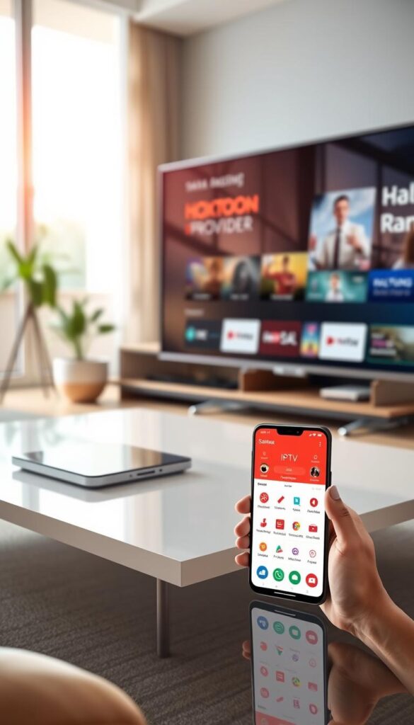 A sleek, modern Samsung TV set resting on a clean, minimalist table. In the foreground, a smartphone display showcases the intuitive interface of the "Hoxtoon Provider" IPTV app, highlighting its seamless compatibility with the TV. The background features a stylish living room setting, with natural lighting filtering in through large windows, creating a warm and inviting atmosphere. The overall composition emphasizes the ease of use and integration of the IPTV app within the Samsung TV ecosystem.
