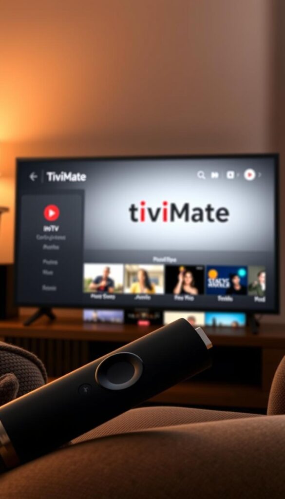 A sleek, modern UI for the Hoxtoon Provider TiviMate IPTV app, showcased on a Firestick device. The interface features a clean, minimalist design with intuitive menus and clear, high-quality video previews. The app's logo is prominently displayed, with a focus on the premium IPTV experience it offers. The scene is bathed in a warm, inviting lighting, creating a cozy, living room atmosphere. The Firestick is positioned at a slight angle, highlighting the app's seamless integration with the device. The overall impression is one of a refined, user-friendly IPTV solution that elevates the home entertainment experience.