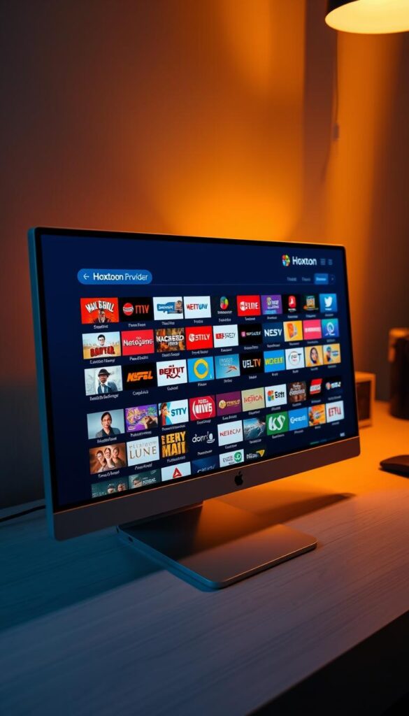 A sleek, modern Windows PC displays the Hoxtoon Provider IPTV interface, showcasing a vast array of live TV channels across various categories. The display is crisp and vibrant, with a clean, minimalist layout that highlights the extensive channel selection. Warm, soft lighting illuminates the scene, creating a cozy and inviting atmosphere. The computer's display is angled slightly towards the viewer, drawing attention to the Hoxtoon branding and the diverse range of programming options available. The overall impression is one of a seamless, user-friendly IPTV experience tailored for the Windows PC user.