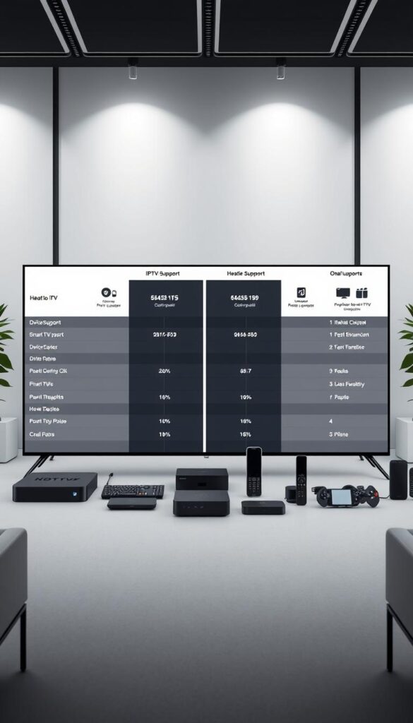 A sleek, modern, and comprehensive comparison of IPTV device compatibility, showcasing a head-to-head analysis between the Hoxtoon Provider and other leading IPTV services. The scene is set in a stylish, minimalist office environment, with a large, high-resolution display in the foreground presenting the comparative information. The display features clean, well-organized layouts and intuitive visuals, allowing the viewer to easily grasp the key differences in device support, platform integrations, and overall compatibility. The middle ground features various IPTV-enabled devices, such as smart TVs, streaming boxes, and mobile devices, arranged in a visually appealing manner. The background subtly hints at the broader IPTV ecosystem, with subtle technological elements and a sense of connectivity. The overall mood is one of professionalism, clarity, and an emphasis on the Hoxtoon Provider's comprehensive device compatibility.