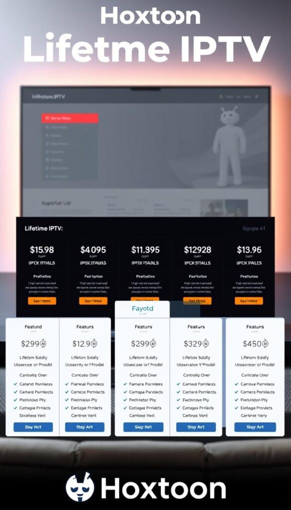 A sleek, modern, and comprehensive presentation of Hoxtoon Provider's lifetime IPTV subscription plans. In the foreground, a series of stylized tiles display the various plan options, each with clear pricing, features, and duration details. The middle ground showcases a clean, minimalist interface with intuitive navigation, hinting at the user experience. In the background, a subtle gradient or pattern creates a sense of sophistication and professionalism, complementing the Hoxtoon brand identity. The overall composition conveys a sense of value, reliability, and attention to detail, reflecting the proposition being presented to potential lifetime IPTV reddit users.