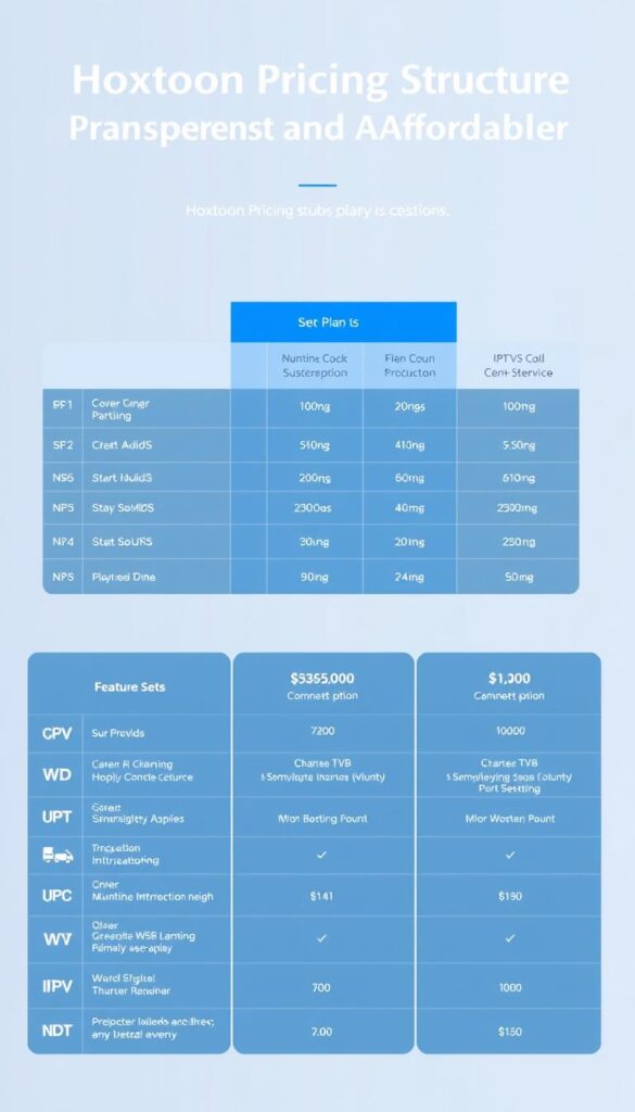 A sleek, modern, and comprehensive presentation of IPTV subscription plans offered by the Hoxtoon Provider. A clean, minimalist layout showcases the various plan options, featuring elegant typography, subtle grid-based structure, and a sophisticated color palette of blues and grays. The foreground highlights the key plan details such as channel counts, pricing, and feature sets, conveyed through a visually appealing and easily digestible format. The middle ground includes subtle icons and infographic elements to visually differentiate the plan tiers. The background maintains a sense of depth and balance, with a subtle gradient or textured overlay to establish a professional, technology-driven atmosphere. The overall composition exudes a sense of transparency, affordability, and user-friendliness, aligning with the "Hoxtoon Pricing Structure: Transparent and Affordable" section title.
