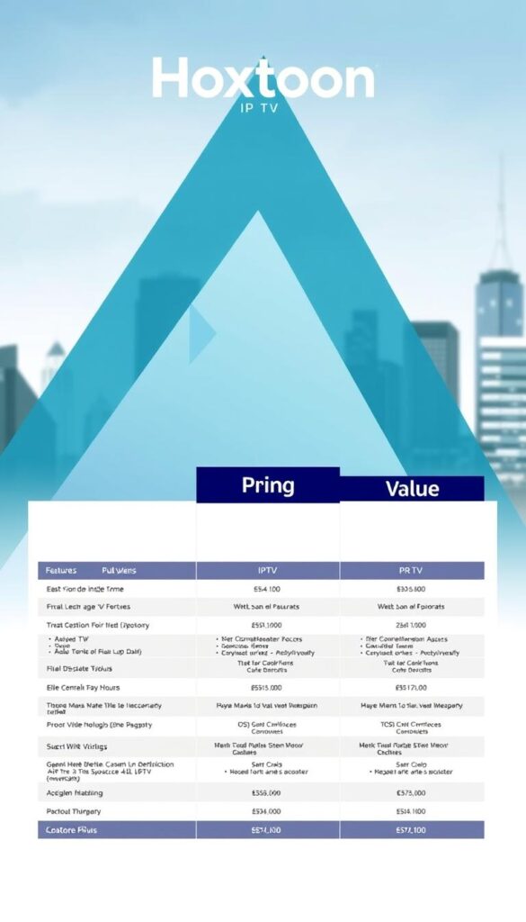 A sleek, modern, and comprehensive pricing plans display for the Hoxtoon IPTV provider. The foreground showcases a clean, minimalist table with crisp, well-defined columns outlining the various subscription tiers, including their features, benefits, and corresponding prices. The middle ground features abstract geometric shapes and gradients in a cool, sophisticated color palette, creating a visually striking and professional backdrop. The background has a subtle, blurred cityscape silhouette, hinting at the global reach and versatility of the Hoxtoon service. The overall composition exudes a sense of clarity, value, and reliability, inviting the viewer to explore the provider's offerings.