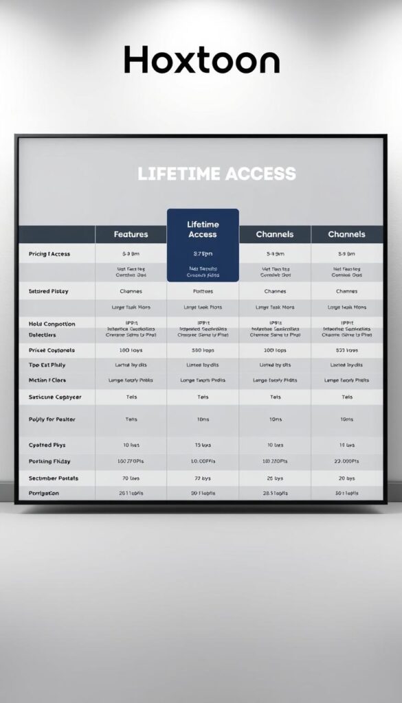 A sleek, modern, and comprehensive pricing table for the Hoxtoon IPTV provider, showcasing their lifetime access plans in a clean and visually appealing layout. The table is positioned centrally, with a neutral gray background and soft lighting creating a professional and trustworthy atmosphere. The plans are clearly delineated, with columns highlighting the features, channels, and pricing options. The Hoxtoon provider logo is prominently displayed at the top, reinforcing the brand identity. The overall composition conveys a sense of value, reliability, and attention to detail, reflecting the detailed information presented in the article section.