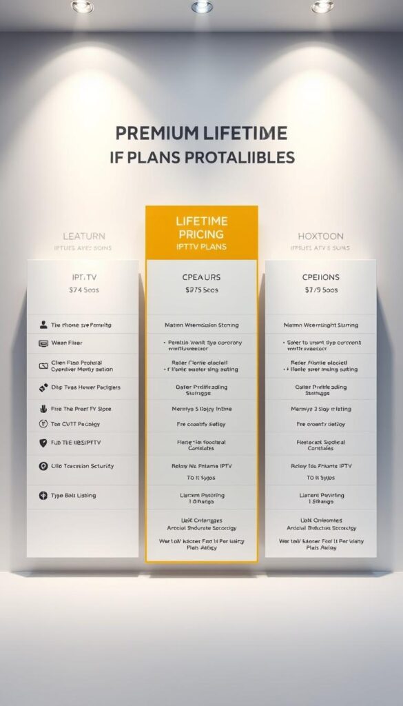 A sleek, modern, and comprehensive pricing table showcasing Hoxtoon Provider's premium lifetime IPTV plans. The table is displayed on a clean, minimalist background with subtle gradients and elegant typography. The plans are presented in a clear, organized manner, highlighting key features and pricing details. The overall design conveys a sense of professionalism, reliability, and value, reflecting Hoxtoon Provider's reputation as a premium IPTV service. The lighting is soft and even, creating a premium and aspirational atmosphere. The camera angle is slightly elevated, giving the viewer a clear and comprehensive view of the pricing information.