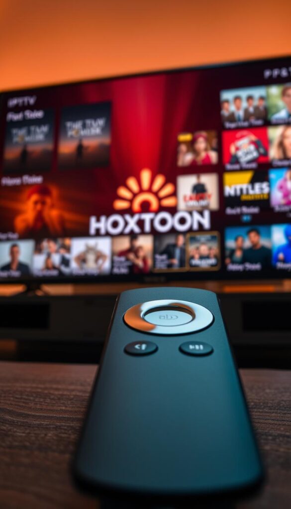 A sleek, modern, and high-performance IPTV service showcased on a state-of-the-art Firestick device. The scene depicts a Firestick remote in the foreground, highlighting its intuitive controls. In the middle ground, the Hoxtoon Provider logo is prominently displayed, radiating a sense of quality and reliability. The background features a vibrant and visually stunning IPTV interface, showcasing a wide variety of content options. The lighting is warm and inviting, creating a premium and immersive atmosphere. The overall composition emphasizes the seamless integration of Hoxtoon Provider with the Firestick, conveying the optimal user experience for streaming enthusiasts.