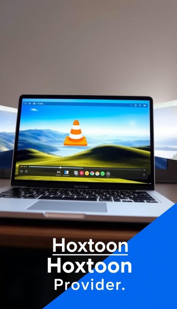 A sleek, modern, and intuitive user interface of the VLC Media Player app on a MacBook, showcasing its versatile capabilities as a top-notch IPTV player. The screen displays a landscape scene with rolling hills, a bright blue sky, and a serene lake in the background, creating a calming and immersive atmosphere. The VLC app is prominently featured in the center, with its iconic orange traffic cone logo and a clean, minimalist design. The app's intuitive controls and navigation are visible, highlighting its user-friendly experience. In the foreground, the "Hoxtoon Provider" branding is discreetly displayed, indicating its integration with the IPTV service for seamless streaming.