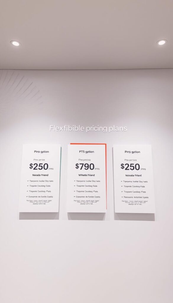 A sleek, modern, and minimalist display showcasing the flexible pricing plans of the Hoxtoon Provider IPTV service. The foreground features three minimalist card-style plan options, each with clear pricing details and concise plan descriptions. The middle ground has a subtle background pattern or texture that adds visual interest without distracting from the main elements. The overall lighting is clean, bright, and evenly distributed, creating a professional and trustworthy atmosphere. The camera angle is slightly elevated, giving the viewer a clear and comprehensive view of the pricing information. The color palette is composed of muted tones and hues that complement the Hoxtoon brand identity.