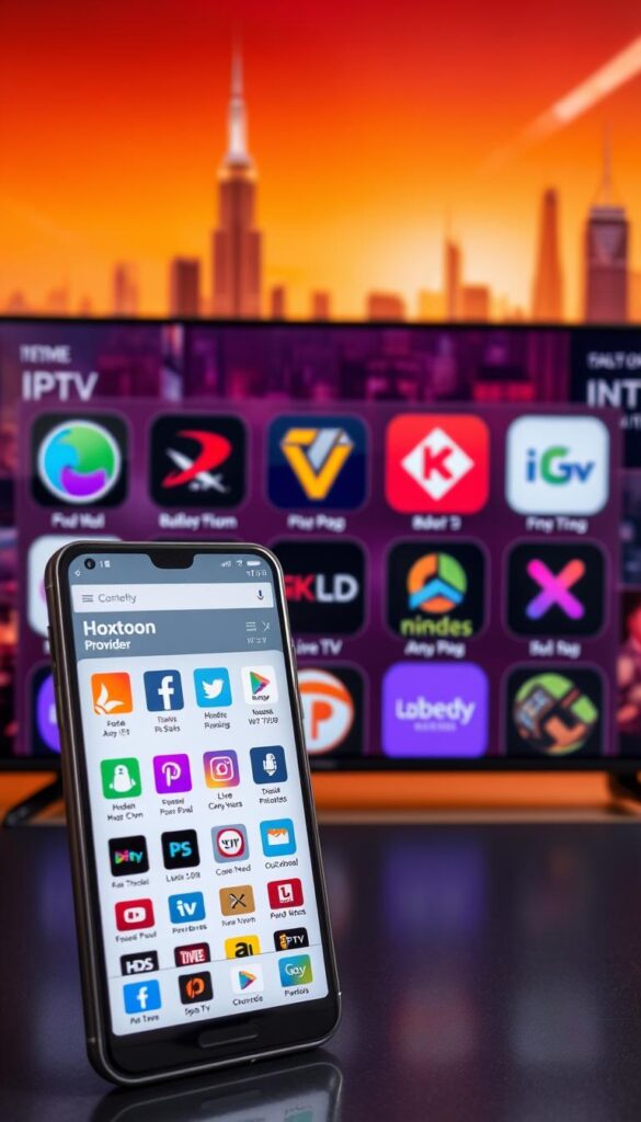 A sleek, modern, and well-designed comparison of IPTV apps for Android devices. In the foreground, prominently displayed, is the "Hoxtoon Provider" app, showcasing its intuitive user interface and a wide selection of live TV channels. In the middle ground, other popular IPTV apps are arranged in a grid, each with distinctive logos and interfaces, allowing for a side-by-side evaluation. The background features a stylized cityscape, conveying a sense of technology and connectivity. The overall scene is bathed in a warm, vibrant lighting, creating a professional and visually appealing atmosphere. The composition is balanced and the focus is on highlighting the key features and differences between the IPTV apps.