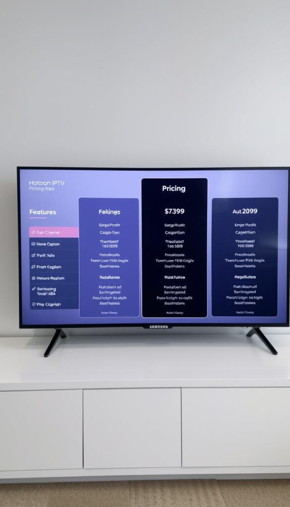 A sleek, modern, and well-organized set of pricing plans for the premium IPTV service "Hoxtoon Provider" on a Samsung TV. The plans are displayed on a sophisticated, minimalist, and neutral-toned interface, with clear and concise details about the features, channels, and pricing options. The layout is clean, balanced, and easy to navigate, with a focus on showcasing the value proposition. The overall mood is professional, trustworthy, and visually appealing, reflecting the high-quality nature of the Hoxtoon service.