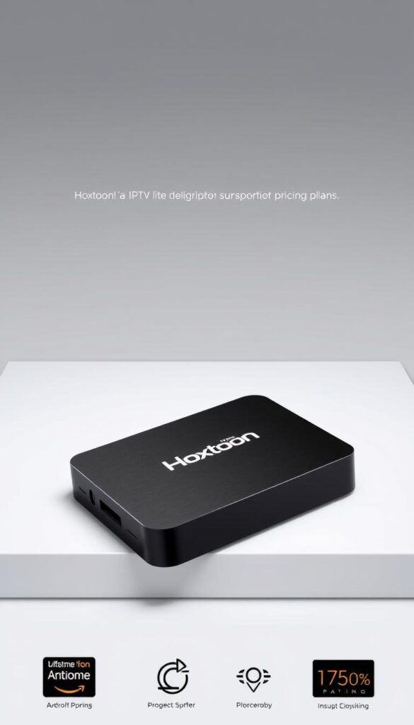 A sleek, modern android TV box displays the Hoxtoon Provider IPTV lifetime subscription pricing plans on a minimalistic interface. The device is positioned prominently, showcasing its premium design with a matte black finish. The background features a soft, gradient-based color scheme, conveying a sense of sophistication and digital elegance. Subtle lighting highlights the box's contours, creating depth and emphasizing its premium qualities. The layout is clean and organized, with pricing tiers and feature details neatly arranged to provide a clear overview. An air of professionalism and attention to detail permeates the scene, reflecting the reliability and quality of the Hoxtoon IPTV service.