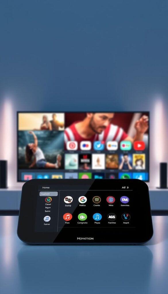 A sleek, modern android TV device displaying the Hoxtoon Provider IPTV player interface. The device is positioned prominently in the foreground, showcasing its clean and intuitive design. In the middle ground, various streaming content icons and logos are visible, highlighting the wide range of entertainment options available. The background features a minimalist, tech-inspired setting with subtle lighting and soft gradients, creating a visually appealing and immersive atmosphere. The overall composition conveys the versatility and multi-device support of the Hoxtoon Provider IPTV player, making it an ideal choice for seamless streaming across all your android TV devices.