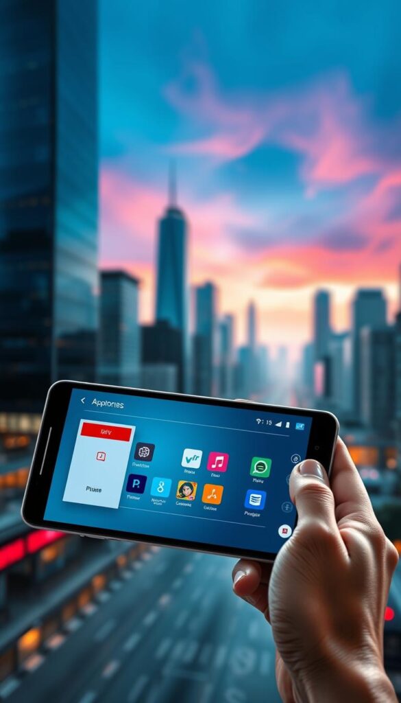 A sleek, modern android device displaying the Hoxtoon Provider IPTV player interface. The device is held in a minimalist hand, showcasing the clean, intuitive UI design. In the background, a blurred cityscape with skyscrapers and a vibrant, neon-lit sky create an urban, high-tech atmosphere. Soft, directional lighting from the side highlights the device's sophisticated curves and metallic accents. The overall scene conveys a sense of technological sophistication and the power of the IPTV player to deliver a premium viewing experience.