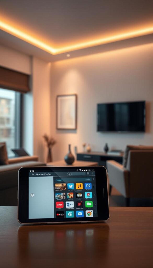 A sleek, modern android device prominently displayed in the foreground, its screen showcasing the Hoxtoon Provider IPTV app interface. In the middle ground, a seamless connection between the android device and a smart TV, highlighting the compatibility and versatility of the IPTV platform. The background features a sophisticated, minimalist living room setting, bathed in warm, soft lighting that creates a cozy, inviting atmosphere. The overall composition conveys the seamless integration of Android-powered IPTV technology into the modern home entertainment experience.