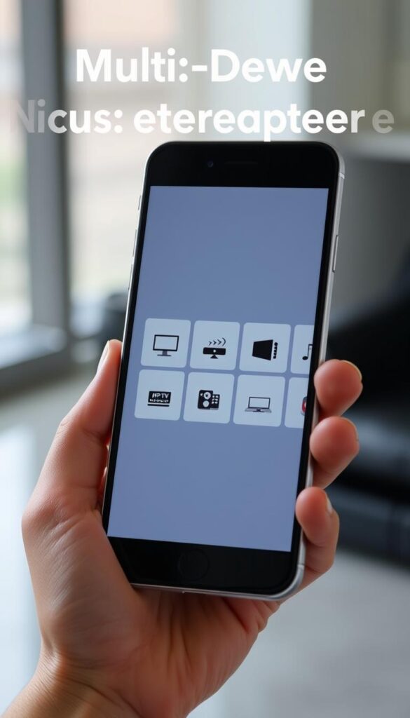 A sleek, modern android mobile device displaying the Hoxtoon Provider app's multi-device support interface. The screen showcases a clean, minimalist design with a grid of device icons, seamlessly allowing the user to manage and stream IPTV content across up to 6 different devices simultaneously. The device is held in a well-lit, professional setting, capturing the versatility and convenience of the Hoxtoon Provider IPTV lifetime apk subscription service.