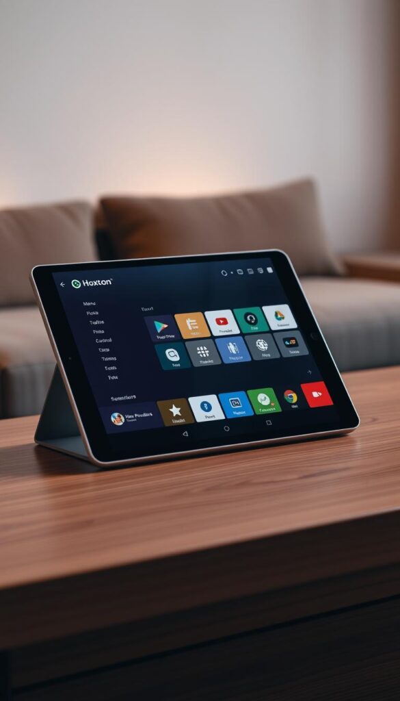 A sleek, modern android tablet resting on a minimalist wooden table, its screen displaying the Hoxtoon Provider IPTV player interface. The tablet is bathed in warm, diffused lighting, creating a cozy, inviting atmosphere. The player's intuitive menu and elegant UI design are prominently featured, showcasing its versatility in supporting a wide range of IPTV formats. The tablet's crisp display and responsive touch capabilities are evident, hinting at a seamless, buffer-free streaming experience.
