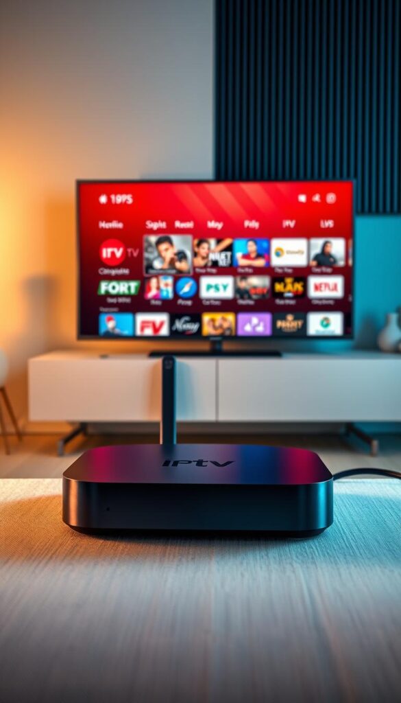 A sleek, modern android tv box showcasing the Hoxtoon Provider IPTV service. The device is positioned prominently in the foreground, its clean lines and premium metal chassis gleaming under warm, directional lighting. The screen displays a vibrant, high-definition interface with a diverse selection of live TV channels and on-demand content. In the middle ground, a simple, minimalist setup with a wireless remote control and cable connections. The background features a subtle, blurred cityscape, hinting at the global reach and connectivity of the IPTV platform. An atmosphere of sophisticated technology and entertainment seamlessly integrated into the modern living room.