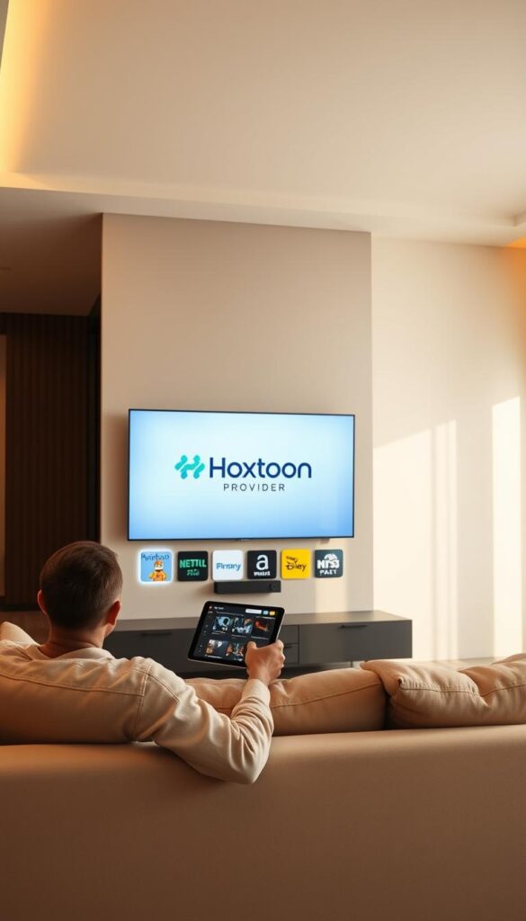 A sleek, modern apartment interior with a large television screen on the wall displaying the Hoxtoon Provider logo. The scene is bathed in soft, warm lighting, creating a cozy and inviting atmosphere. In the foreground, a person sits comfortably on a plush, minimalist sofa, a tablet in hand, browsing IPTV subscription options with no long-term commitment required. The overall composition conveys a sense of simplicity, flexibility, and the freedom to enjoy entertainment on-demand without being tied down by lengthy contracts.