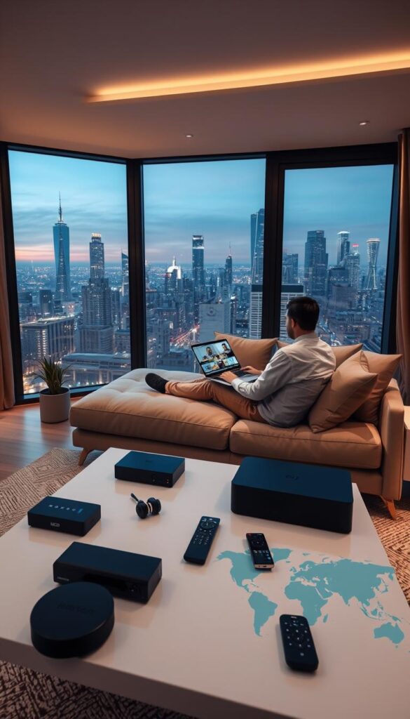A sleek, modern apartment with large windows overlooking a bustling city skyline. In the foreground, a person sitting on a plush couch, laptop open, engrossed in streaming content from the Hoxtoon Provider service. The lighting is soft and warm, creating a cozy, relaxed atmosphere. The middle ground features various streaming devices and remote controls, arranged neatly on a minimalist coffee table. In the background, a world map and travel-themed decor hint at the user's international lifestyle. The overall scene conveys the optimization of a seamless, high-quality IPTV streaming experience while living abroad.