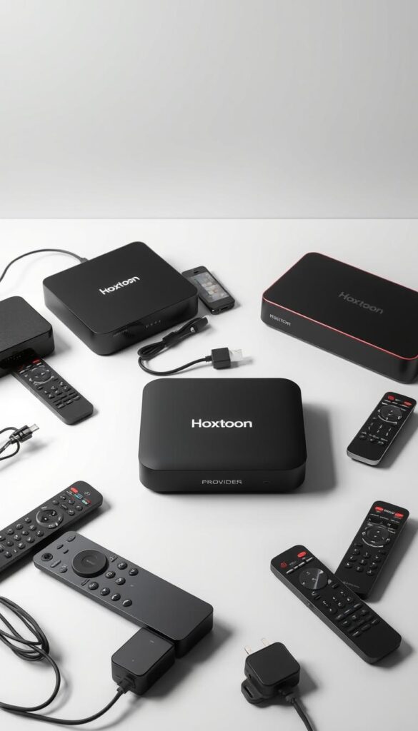 A sleek, modern arrangement of various IPTV streaming devices, including a Hoxtoon Provider box, remote controls, and accessories, set against a minimalist background. The devices are depicted in a well-lit, high-resolution scene with a focus on their clean, sophisticated design and connectivity features. The layout emphasizes the multi-device support and seamless integration of the Hoxtoon IPTV service, showcasing its versatility and user-friendly experience.