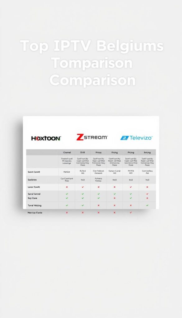 A sleek, modern comparison chart displayed on a minimalist, light-gray background. In the foreground, three IPTV provider logos - Hoxtoon Provider, Zstream, and Televizo - are prominently featured, their design and arrangement creating a balanced, professional layout. The middle ground showcases a grid of detailed service comparisons, such as channel count, DVR capabilities, and pricing, allowing for an easy side-by-side evaluation. The background features subtle grid lines and geometric shapes, adding depth and a sense of technology. The overall tone is clean, informative, and visually appealing, perfectly suited to illustrate the "Top IPTV Belgium Providers Comparison" section.