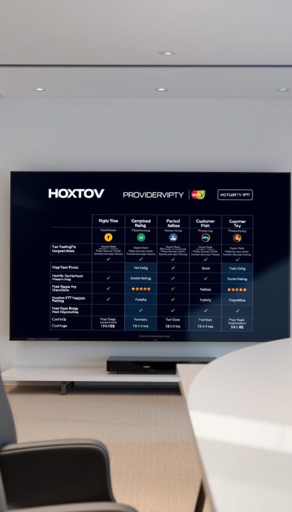 A sleek, modern comparison chart showcasing IPTV service providers, prominently featuring the Hoxtoon Provider brand. The chart is displayed on a large, high-resolution display in a well-lit, minimalist office setting. The chart uses clean, visually appealing typography and icons to highlight key features, pricing, and customer ratings for Hoxtoon and its top competitors. The overall mood is professional, informative, and designed to help the viewer easily assess the relative strengths of the IPTV services. Careful attention is paid to the lighting, angles, and composition to create a visually striking and compelling image.