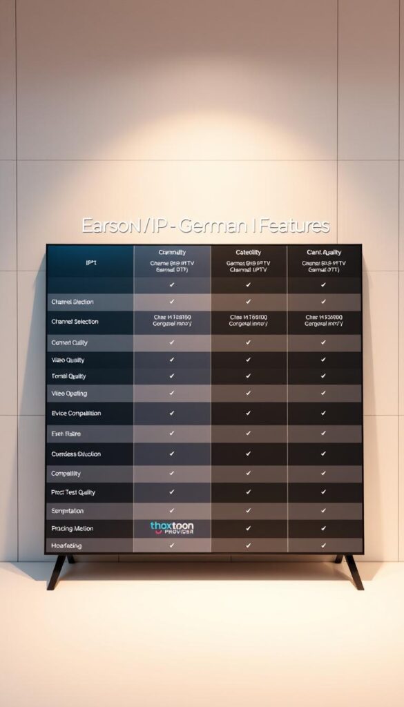 A sleek, modern comparison chart showcasing the essential features of German IPTV providers, with the Hoxtoon Provider prominently displayed. The chart is set against a clean, minimalist background with subtle grid lines and a soft, warm lighting that creates a professional, informative atmosphere. The chart elements are neatly arranged, highlighting key details like channel selection, video quality, device compatibility, and pricing in a clear, easy-to-read format. The Hoxtoon Provider logo is tastefully integrated, complementing the overall design without dominating the composition.