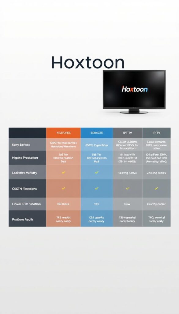 A sleek, modern comparison chart showcasing the key features and services of the Hoxtoon IPTV provider alongside its top competitors. Set against a clean, minimalist background with a subtle grid pattern, the chart presents the information in a clear, easy-to-digest format. Hoxtoon's branding is prominently displayed, with the provider's logo and name standing out. The other IPTV services are represented with their own distinct visual identities. The layout is balanced and visually appealing, with just the right amount of detail to allow for easy comparison. Crisp, high-quality rendering with a sophisticated color palette creates an authoritative, professional tone befitting the subject matter.