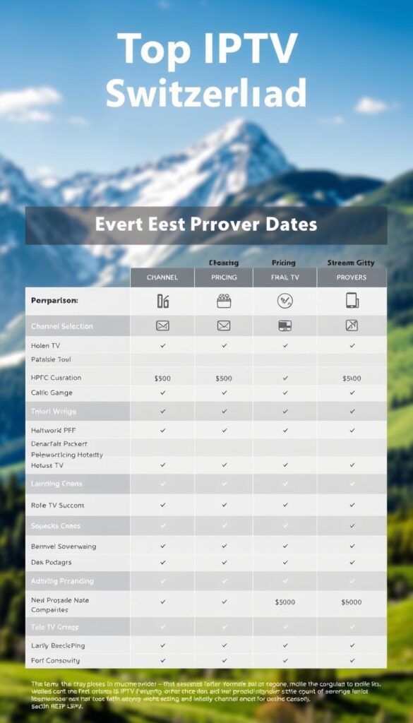 A sleek, modern comparison chart showcasing the top IPTV providers in Switzerland. In the foreground, a clean grid layout highlights key features like channel selection, pricing, and streaming quality for the Hoxtoon Provider and its competitors. The middle ground features minimalist icons and infographic elements, while the background depicts a Swiss alpine landscape with snowy peaks and lush, rolling hills. The overall aesthetic is professional, data-driven, and evocative of the Swiss market. Crisp lighting and a subtle depth of field draw the viewer's attention to the crucial comparison details.