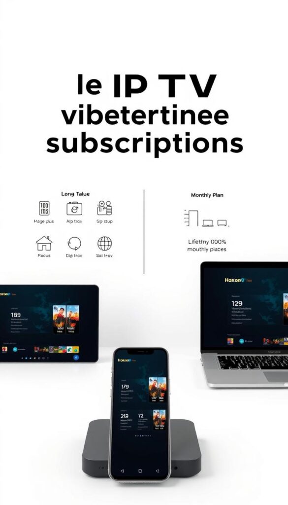 A sleek, modern comparison of IPTV lifetime subscriptions and monthly plans, showcased on a minimalist, white-themed layout. In the foreground, two devices - a smartphone and a laptop - display the Hoxtoon Provider's IPTV interface, highlighting the seamless, no-box-required setup. The middle ground features stylized icons and data visualizations, contrasting the long-term value of a lifetime subscription against the recurring costs of a monthly plan. The background subtly gradient from white to a soft, calming blue, creating a sense of balance and professionalism. Crisp, even lighting and a slightly elevated camera angle convey a sense of authority and expertise.