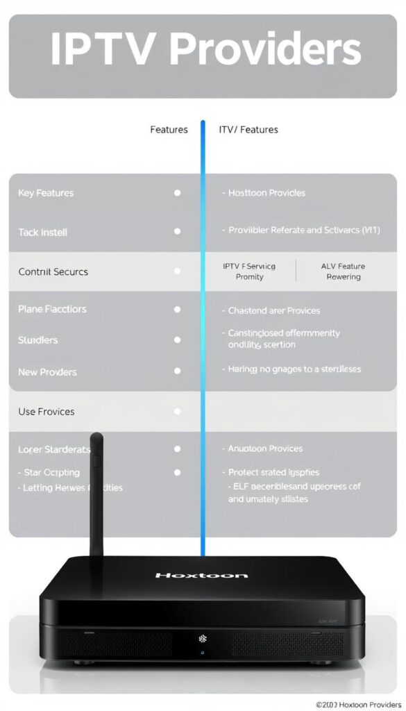 A sleek, modern comparison of IPTV providers, featuring the Hoxtoon Provider prominently in the foreground. Set against a clean, minimalist background, the image showcases the key features and benefits of each service in a clear, organized manner. The Hoxtoon Provider is highlighted with a sophisticated, high-quality visual treatment, emphasizing its premium status and reliability. The overall composition is balanced, with a focus on presenting the information in an visually appealing and easily digestible way for the viewer.