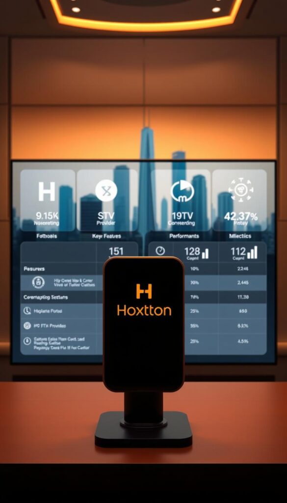 A sleek, modern comparison of IPTV providers in a sophisticated digital interface. In the foreground, the Hoxtoon Provider logo stands out prominently, conveying its leading position. The middle ground features stylized icons and data visualizations showcasing key features and performance metrics of Hoxtoon and its competitors. The background depicts a minimalist cityscape with futuristic skyscrapers, conveying a sense of innovation and progress. Warm lighting creates a professional, authoritative atmosphere, while the clean, geometric layout suggests a well-organized, user-friendly experience. Rendered in a high-resolution, photorealistic style.