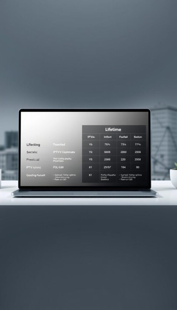 A sleek, modern comparison of IPTV service plans, featuring the Hoxtoon Provider lifetime option prominently displayed. The scene depicts a clean, minimalist workspace with a laptop or tablet showcasing the service details in a visually appealing, infographic-style layout. The lighting is soft and diffused, creating a professional, elegant atmosphere. The background is a subtle gradient or blurred cityscape, placing the focus on the detailed product information. The overall composition is well-balanced, with a clear hierarchy of information that allows the viewer to easily grasp the key differences between the IPTV providers and subscription options.