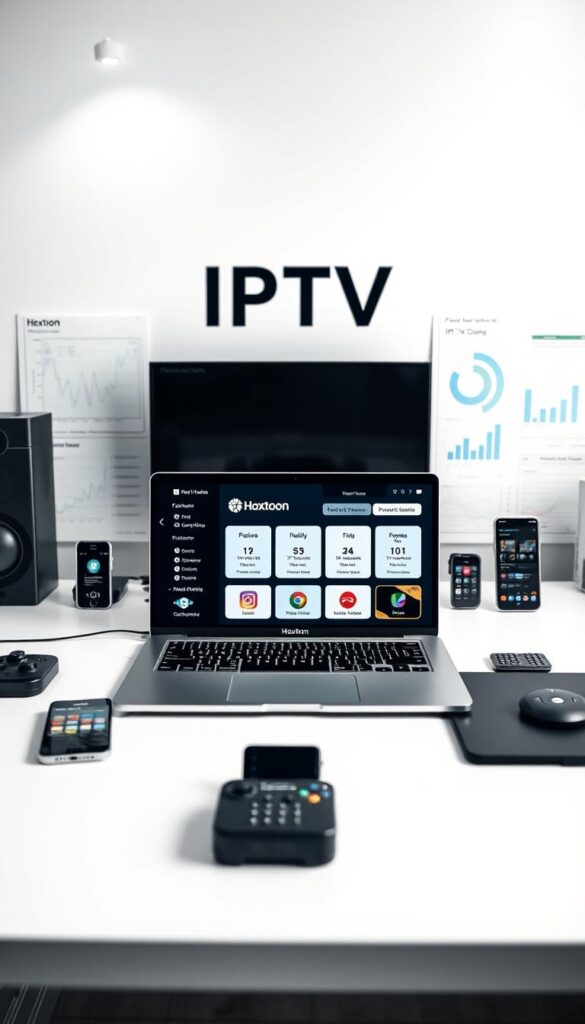 A sleek, modern comparison of IPTV service providers, displayed on a stylish black and white desktop setup. In the foreground, a laptop screen showcases the "Hoxtoon Provider" brand, its interface showcasing key features and pricing tiers. In the middle ground, various mobile devices demonstrate cross-platform accessibility, while the background features technical diagrams and analytical charts, conveying the analytical depth of the IPTV services review. Subtle, minimalist lighting and a clean, professional atmosphere set the tone for an informative, detail-oriented exploration of lifetime IPTV options.