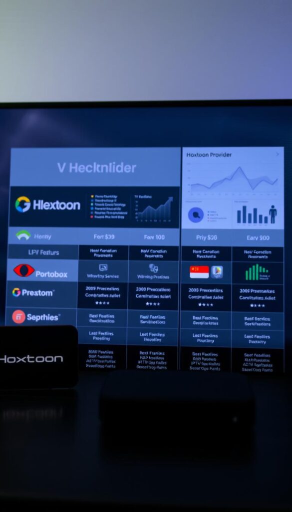 A sleek, modern comparison of IPTV service providers, showcasing the Hoxtoon Provider alongside other top offerings. In the foreground, neatly arranged icons and logos for each service, with bold, contrasting colors. The middle ground features minimalist data visualizations, clean charts, and infographics highlighting key features, pricing, and user ratings. In the background, a subtle gradient or pattern evokes a sense of technology and digital connectivity. Lighting is soft and diffused, with a slightly futuristic, high-tech aesthetic. The overall composition is balanced, visually striking, and conveys a professional, authoritative tone suitable for an expert recommendation article.