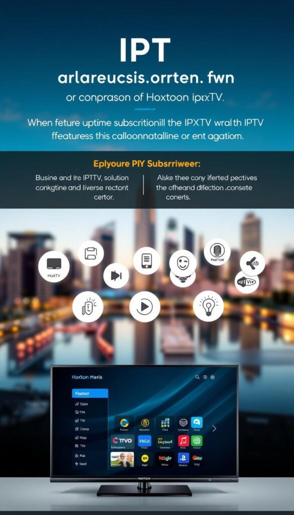 A sleek, modern comparison of IPTV subscription options, showcasing a Hoxtoon Provider service alongside traditional cable and satellite alternatives. In the foreground, a stylized flat-screen display presents the Hoxtoon interface, its intuitive design and diverse content library. In the middle ground, floating icons and diagrams illustrate the key features and benefits of the Hoxtoon lifetime subscription, conveying its value proposition. The background features a blurred cityscape, hinting at the global reach and accessibility of the IPTV service. The overall tone is one of technological sophistication, emphasizing the advanced and future-forward nature of the Hoxtoon IPTV solution.