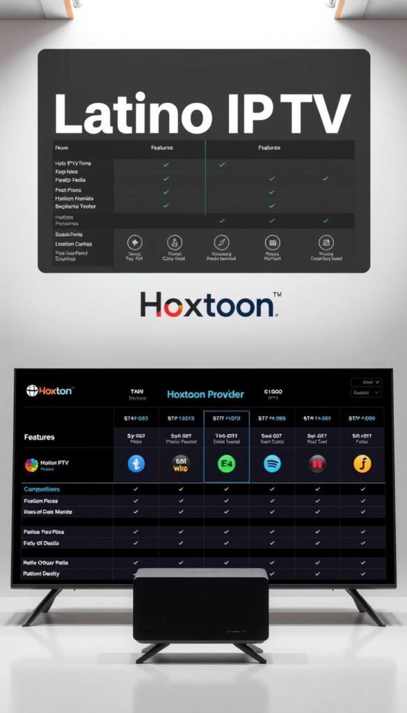 A sleek, modern comparison of Latino IPTV services in the USA, showcasing Hoxtoon Provider and its competitors. Set against a minimalist, light-filled backdrop, the image features clean, elegant layouts displaying key features and pricing information. Hoxtoon Provider's logo stands prominently in the foreground, flanked by comparison charts and icons highlighting service attributes. The overall composition conveys a sense of professionalism and attention to detail, guiding the viewer through the essential details of the Latino IPTV landscape.