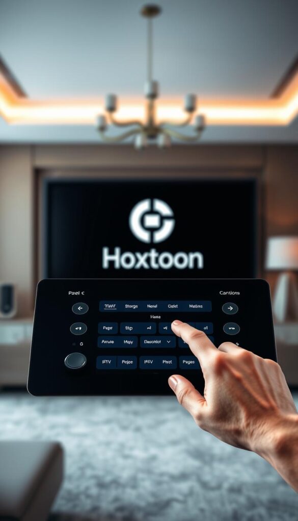 A sleek, modern control panel showcasing the Hoxtoon Provider IPTV service. The panel features a clean, minimalist design with intuitive controls and a crisp, high-resolution display. The foreground shows a stylized hand interacting with the panel, adjusting settings and navigating menus. The middle ground features the Hoxtoon Provider branding prominently displayed, conveying a sense of professionalism and reliability. The background is a blurred, elegant office environment, hinting at the panel's integration into a sophisticated home or workspace. The lighting is soft and diffused, creating a calming, focused atmosphere for efficient IPTV panel maintenance.