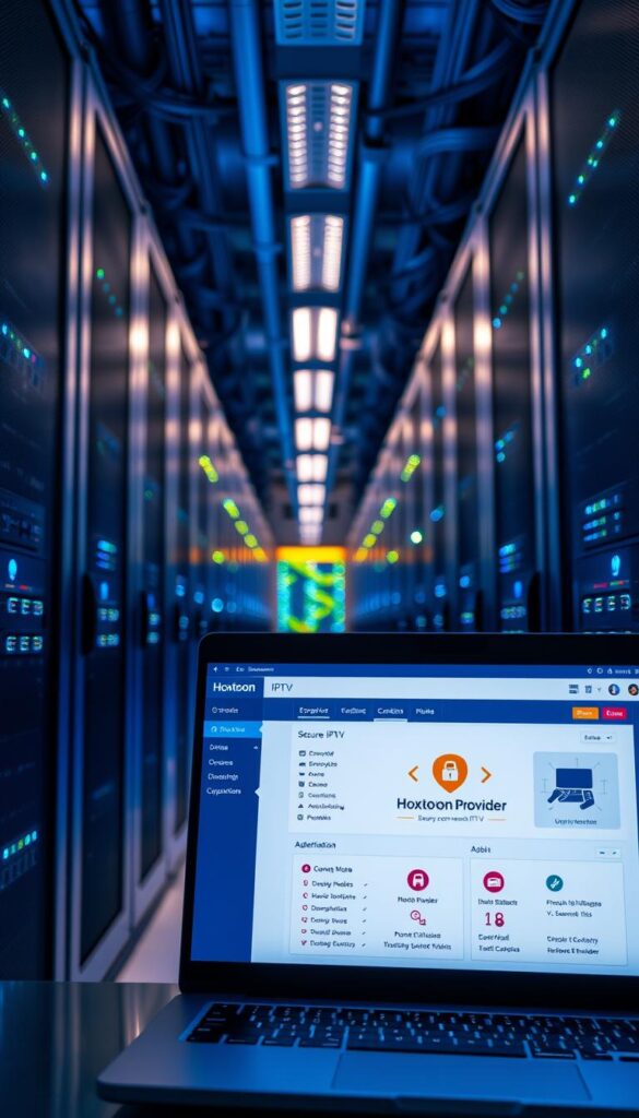 A sleek, modern data center filled with rows of server racks, cables, and blinking LED lights. In the foreground, a laptop display shows the Hoxtoon Provider logo and a secure IPTV dashboard, highlighting encrypted connections, firewalls, and user authentication processes. The lighting is cool and bluish, casting an air of professionalism and technological sophistication. The overall atmosphere conveys a sense of secure, reliable IPTV service that prioritizes user privacy and content protection.