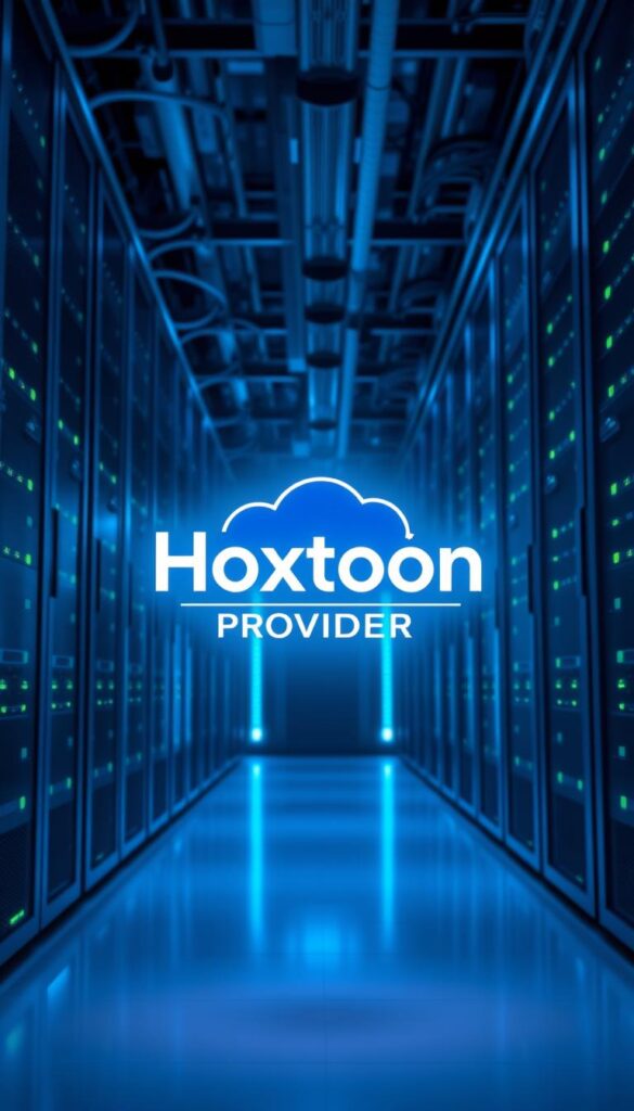 A sleek, modern data center with rows of server racks and blinking LED lights, conveying the technological infrastructure behind IPTV. In the foreground, a futuristic Hoxtoon Provider logo hovers, casting a soft glow. The scene is bathed in a cool, blue-tinted lighting, creating a sense of futuristic, cutting-edge technology. The overall mood is one of innovation, efficiency, and the growing prominence of IPTV as a transformative entertainment delivery platform.