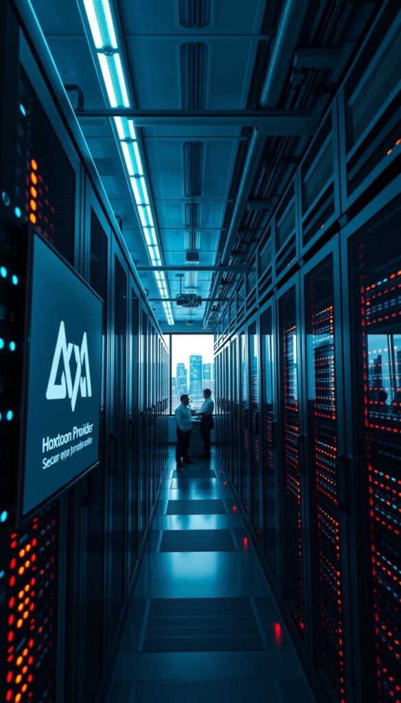 A sleek, modern data center with rows of server racks and blinking LED lights. In the foreground, a display screen shows the Hoxtoon Provider logo and security-related information, such as encryption protocols, access control, and intrusion detection. The middle ground features technicians monitoring the systems, analyzing data, and responding to alerts. In the background, a city skyline is visible through large windows, conveying a sense of scale and connectivity. The lighting is a mix of cool-toned task lighting and warm ambient illumination, creating a professional, high-tech atmosphere. The camera angle is slightly elevated, providing an immersive, authoritative perspective on the secure IPTV infrastructure.