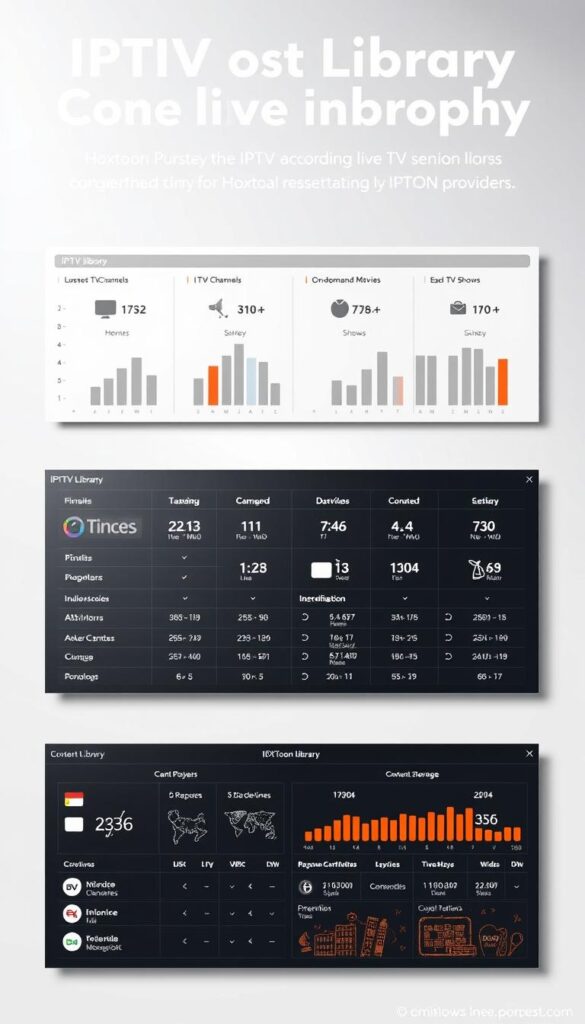 A sleek, modern data visualization dashboard comparing the content libraries of various IPTV providers, including the Hoxtoon Provider. The dashboard features elegant infographic panels with crisp icons, minimalist typography, and a clean, monochromatic color scheme that highlights the key metrics. The foreground shows a side-by-side comparison of the number of live TV channels, on-demand movies, and TV shows offered by each provider. The middle ground features detailed breakdowns of the content categories, genres, and regional coverage. The background depicts a subtle grid pattern or geometric motif, lending a sense of structure and professionalism to the overall composition. The lighting is soft and diffused, creating an air of authority and trustworthiness. The camera angle is slightly elevated, giving the viewer a comprehensive, at-a-glance perspective of the IPTV content library landscape.
