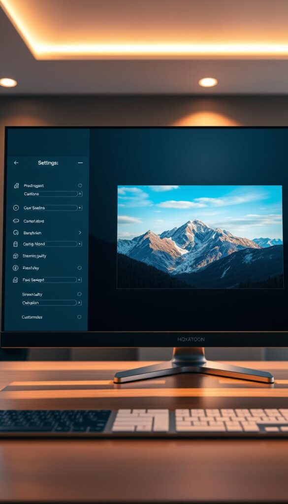 A sleek, modern desktop interface showcasing the Hoxtoon Provider settings optimization menu. The screen is bathed in a soft, warm glow from strategically placed lighting, creating a calming, professional atmosphere. In the foreground, a series of neatly organized settings panels allow for precise customization of network parameters, bandwidth allocation, and streaming quality. The middle ground features a large, high-resolution preview window displaying a vivid, 4K landscape of a scenic mountain vista, demonstrating the optimal visual fidelity achievable with the Hoxtoon Provider's optimized settings. The background subtly blurs out, keeping the focus on the intuitive, user-friendly interface. Every element is rendered in crisp, lifelike detail using a high-quality, photorealistic style.
