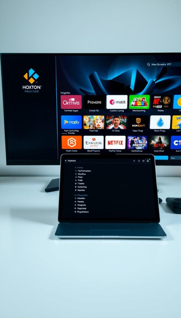 A sleek, modern desktop setup showcasing a Kodi media center interface, with various IPTV add-ons prominently displayed, including the Hoxtoon Provider logo. The foreground features the Kodi home screen, with colorful tiles representing different IPTV services. In the middle ground, a laptop or tablet is open, displaying the configuration process for integrating these IPTV add-ons. The background depicts a minimalist, well-lit office or home workspace, creating a professional and tech-savvy atmosphere. The lighting is soft and natural, highlighting the clean lines and modern aesthetics of the setup.
