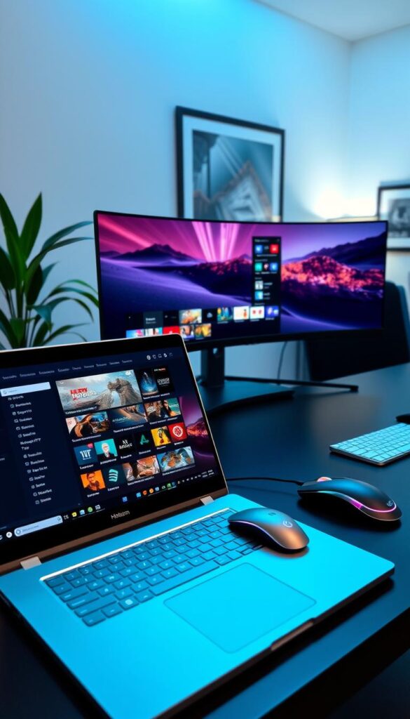 A sleek, modern desktop setup showcasing a lifetime IPTV panel from the Hoxtoon Provider. In the foreground, a silver laptop displays the panel's user interface, its elegant design and intuitive layout apparent. Beside it, a high-end gaming mouse and minimalist keyboard hint at the user's sophisticated tech preferences. In the middle ground, a curved ultrawide monitor displays a live IPTV stream, its vibrant colors and crisp resolution conveying the panel's exceptional visual quality. The background features a tasteful, minimalist office setup, with a potted plant and framed artwork adding a touch of warmth and personality. Soft, indirect lighting creates a calm, focused atmosphere, perfectly suited for managing one's lifetime IPTV subscription.